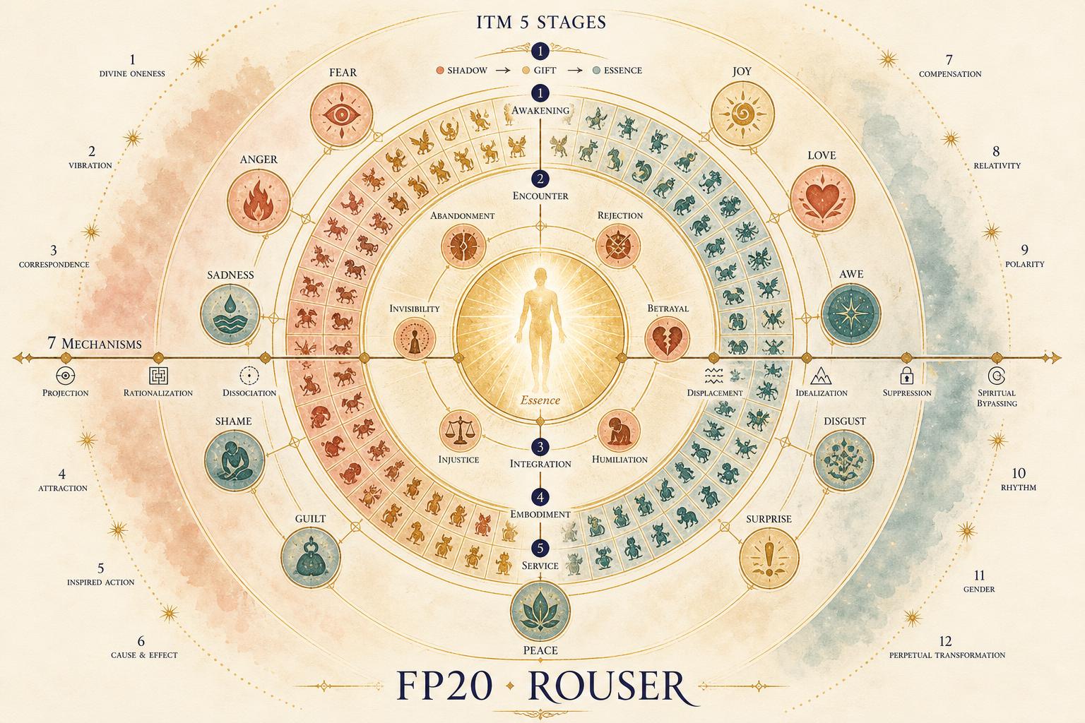 The earlier mandala of the unified system — the three pillars (Jungian Individuation, Shadow → Gift → Essence, Consciousness Evolution and Human Flourishing) holding the five developmental stages of the ITM, with FP20 and ROUSER as the ground and the practice.