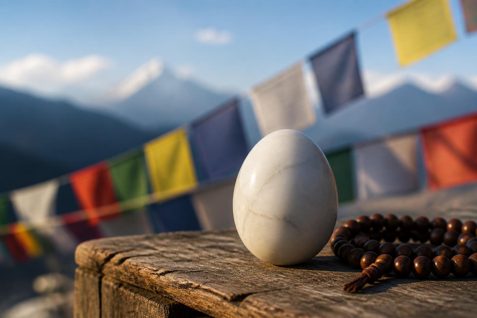 A polished marble egg held in cupped hands with Bhutanese prayer flags