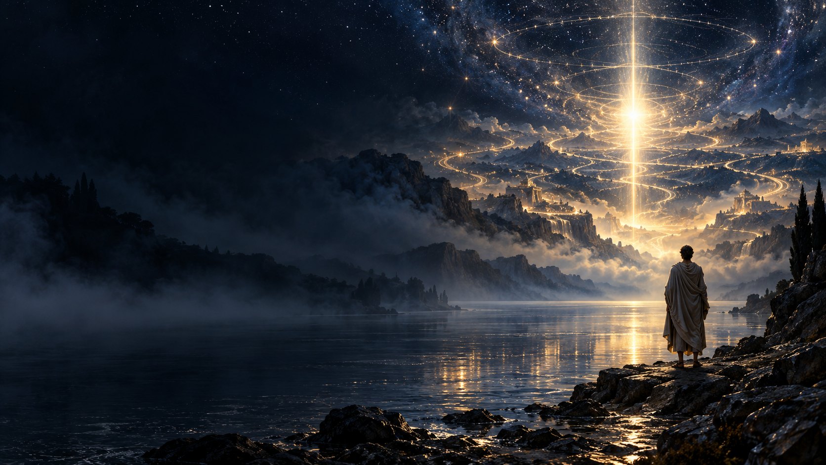 Interpretive illustration of a lone figure beside waters beneath a luminous cosmic spindle.