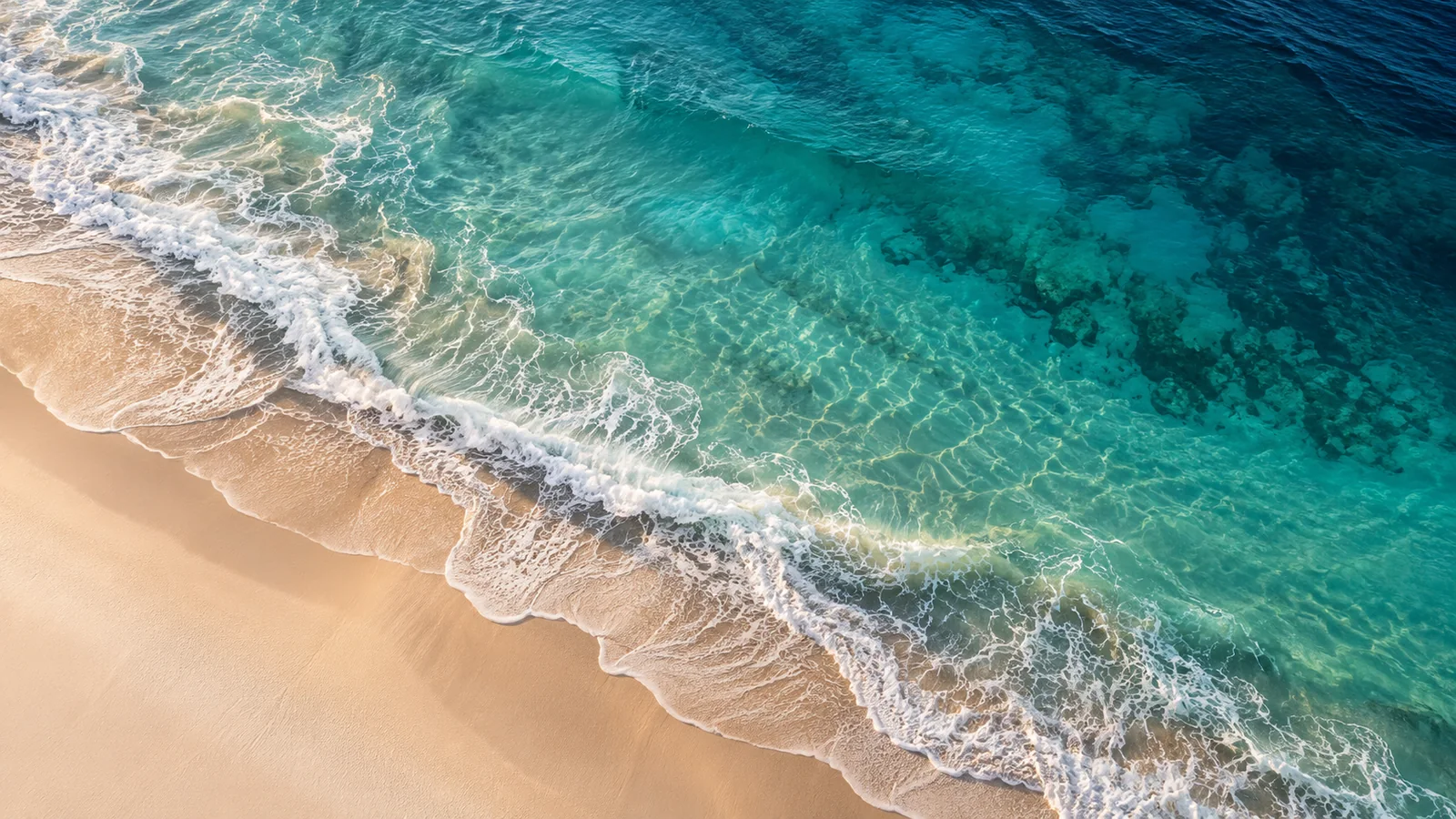 Aerial view of turquoise water and white wave foam meeting a warm sandy shore.