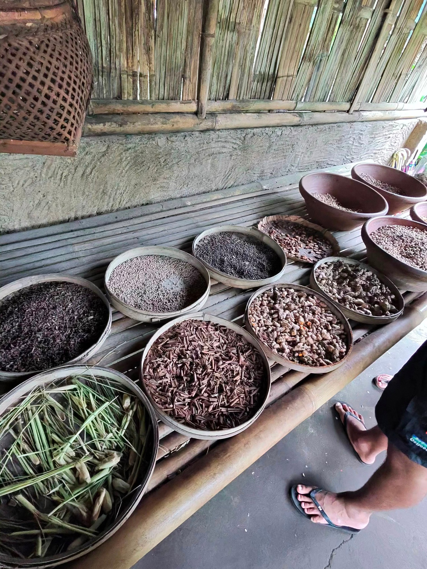 Balinese jamu and spice bowls — lemongrass, cinnamon, turmeric, coffee beans