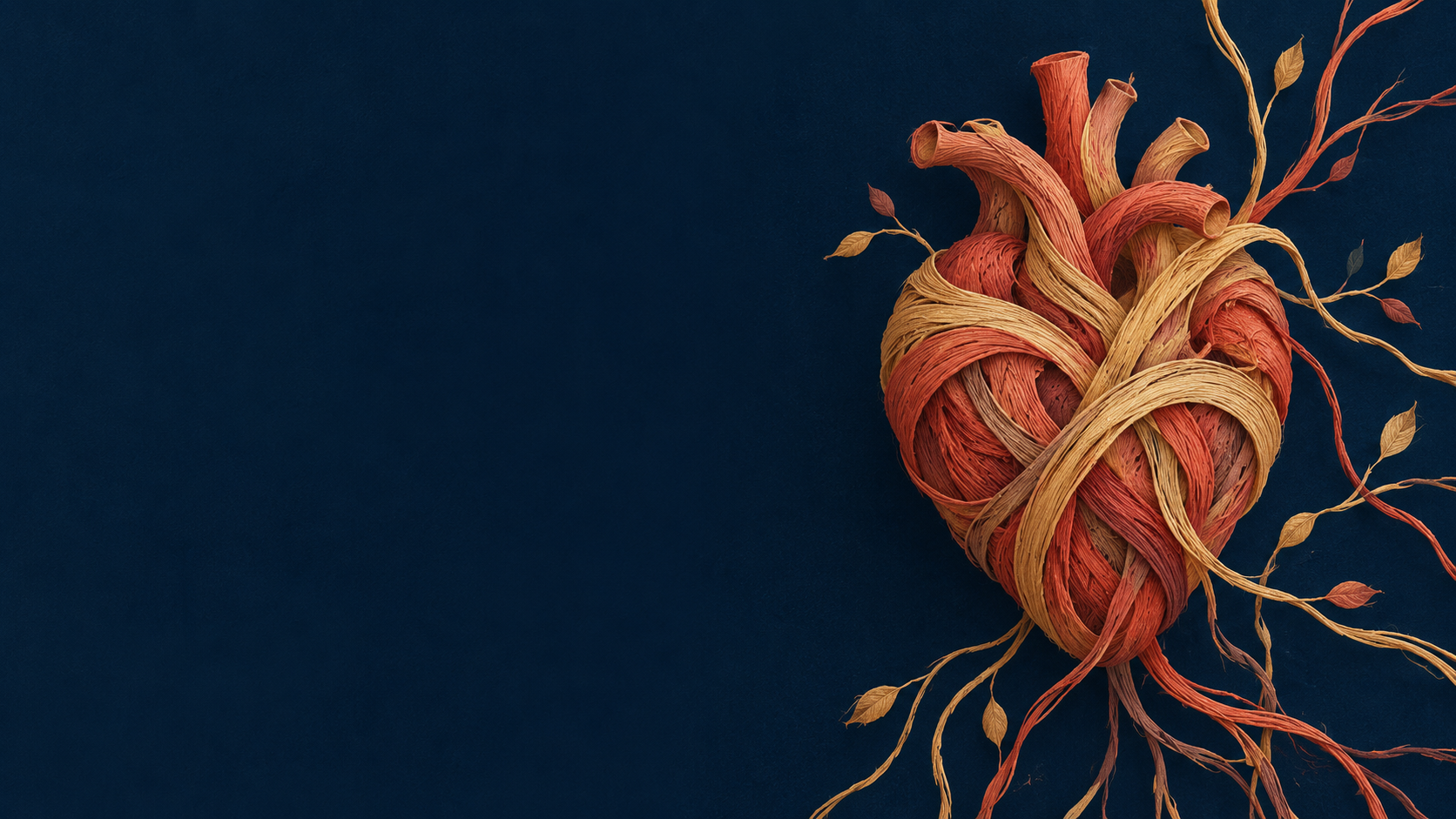 Illustration from the presentation: an anatomical heart woven from red, coral and golden fibres, with leafy vines branching outward, on a deep navy background