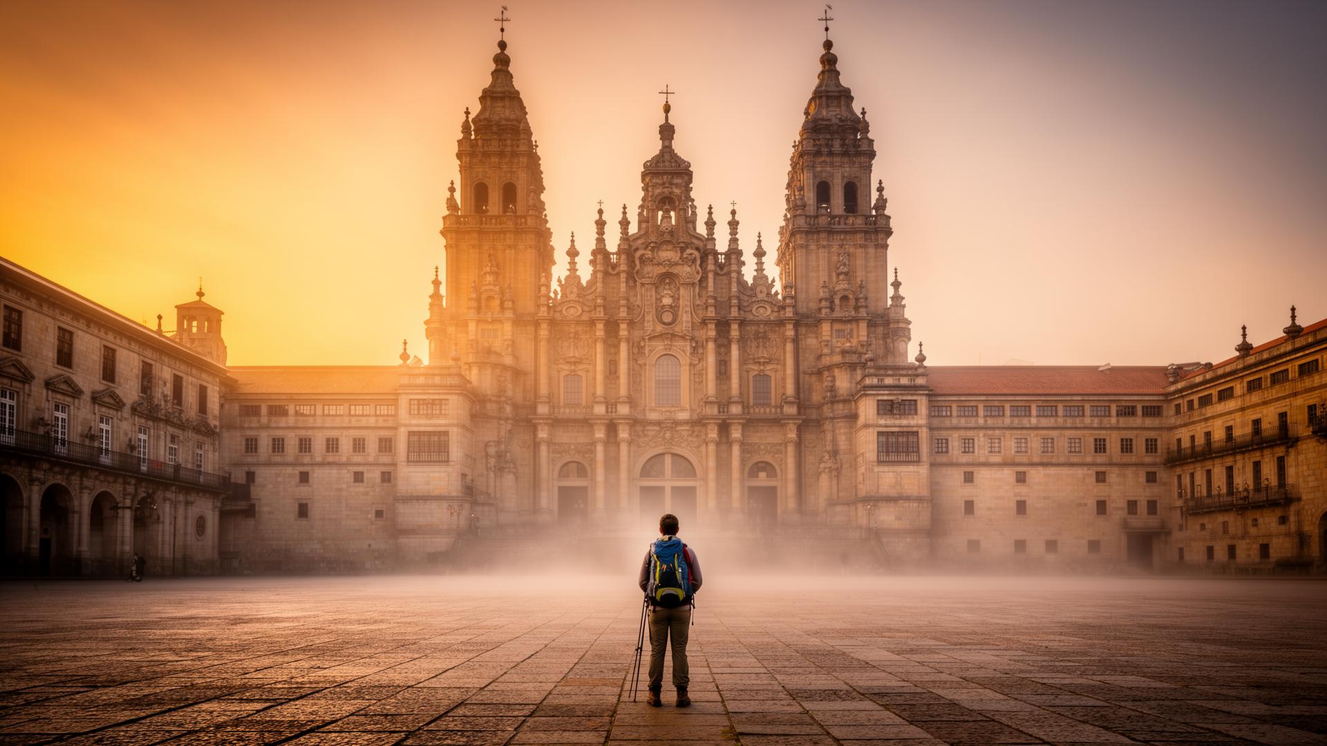 Plaza del Obradoiro al amanecer con la Catedral de Santiago