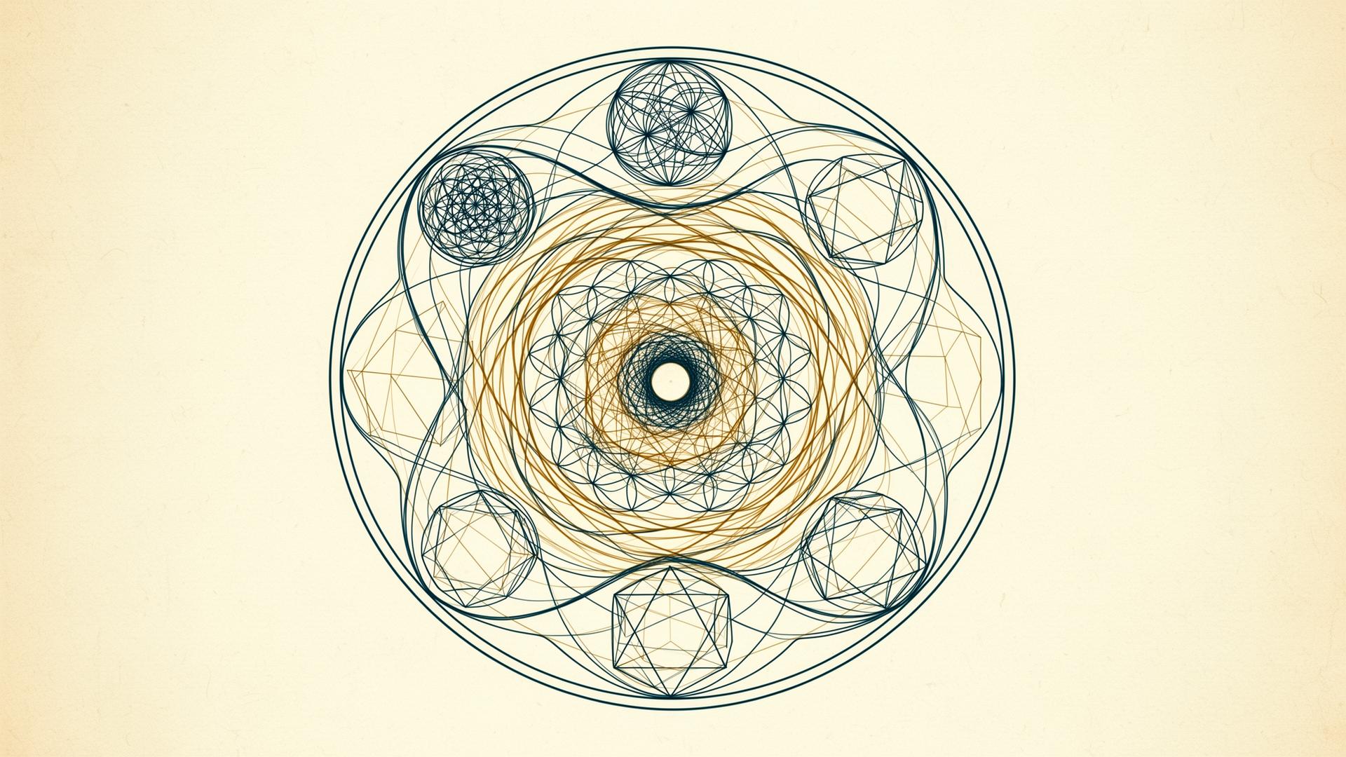 Nested sacred forms — vesica piscis, seed of life, platonic solids