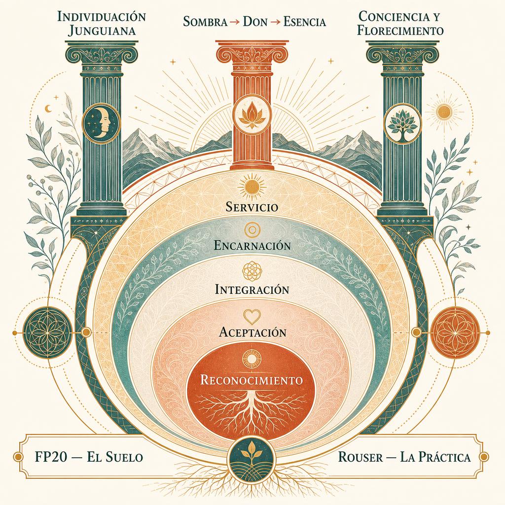 El primer mandala del sistema unificado — los tres pilares (Individuación junguiana, Sombra → Don → Esencia, Evolución de la Conciencia y Florecimiento Humano) que sostienen las cinco etapas de desarrollo del ITM, con FP20 y ROUSER como el suelo y la práctica.